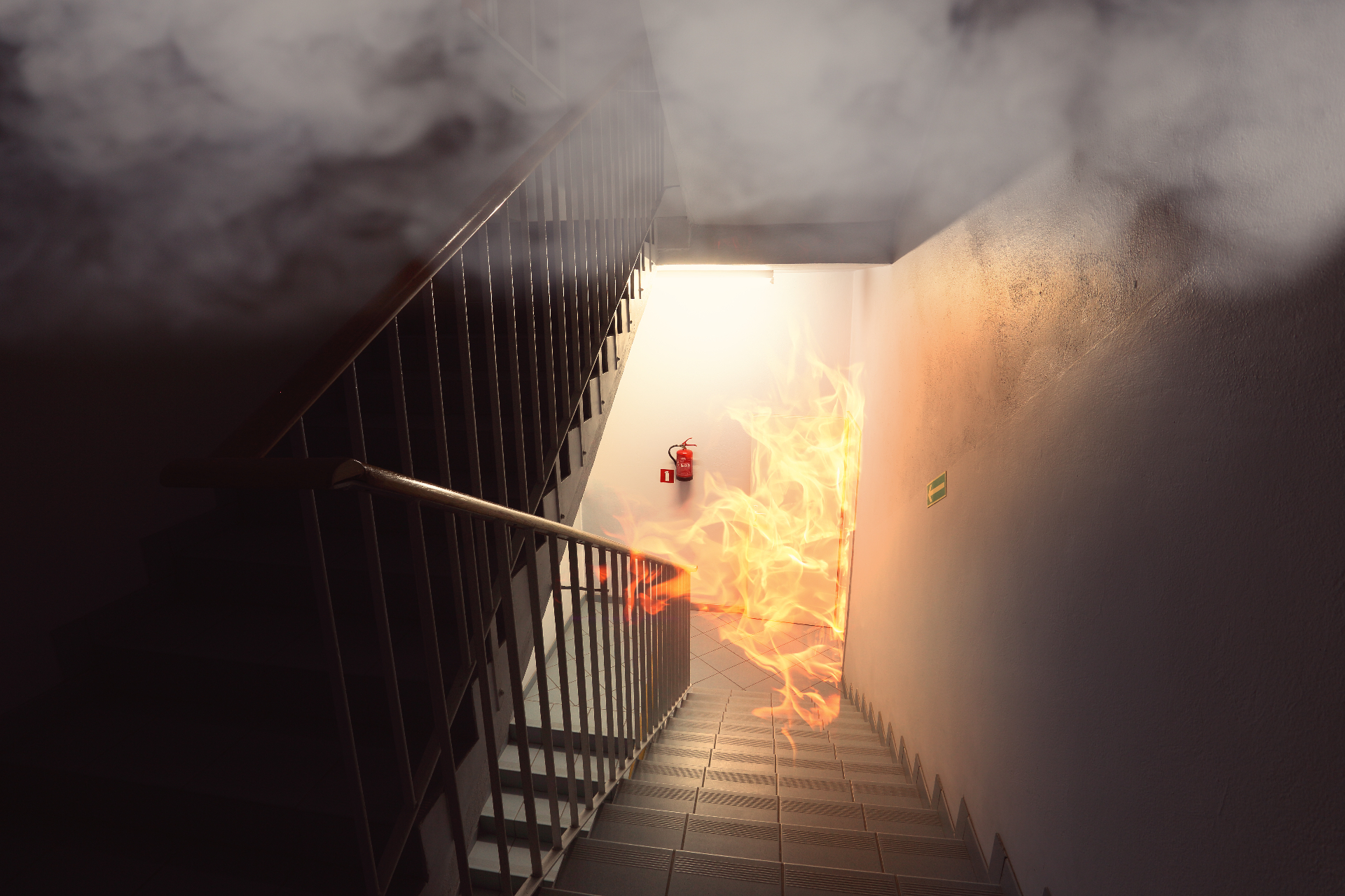 Fire breaking out in a stairwell, illustrating the need for passive fire protection and compartmentation.